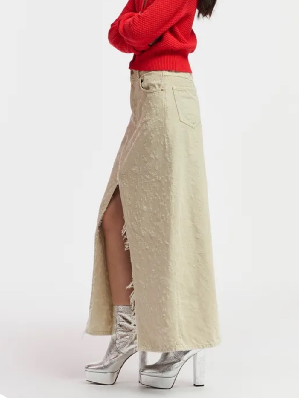 Essentiel Antwerp Reworked Distressed Denim Maxi Skirt Beige Taupe 40 US 10 Long